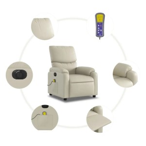 Elektrischer Massagesessel in Creme Kunstleder mit Fernbedienung und Details.