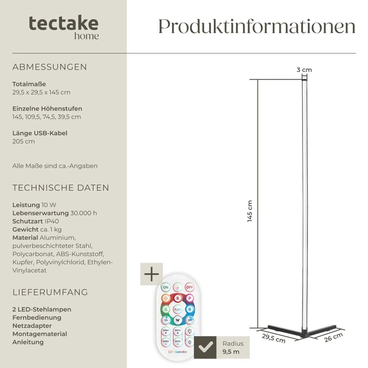 Produktinformationen zur Tectake LED Stehlampe Spectra, Abmessungen und Lieferumfang dargestellt.