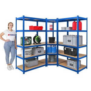 Blaues PROREGAL Eckregal & Schwerlastregal Set, 180x180x60cm, mit diversen Gegenständen befüllt.