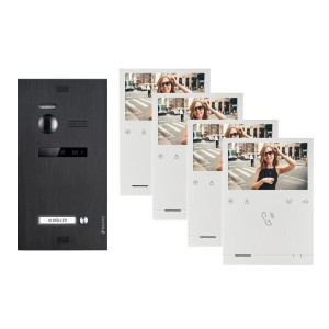 Balter Evo Video Türsprechanlage Set mit schwarzer Türstation und 4 Monitoren.