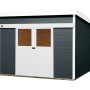 Lasiertes Weka Holz-Gartenhaus Turin mit Pultdach, 295x335 cm. Gartenhaus in Anthrazit mit weißer Tür.