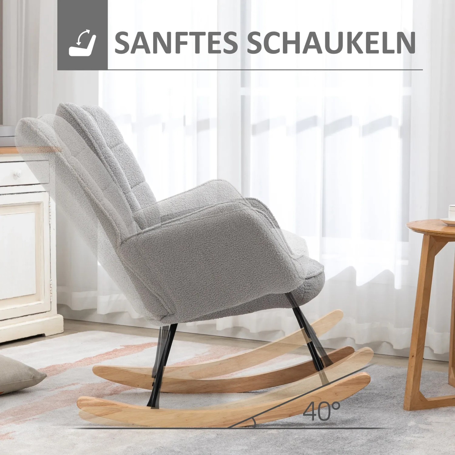 HOMCOM Schaukelstuhl mit Armlehne und Holzkufen in Grau, sanfte Schaukelbewegung im Esszimmer.