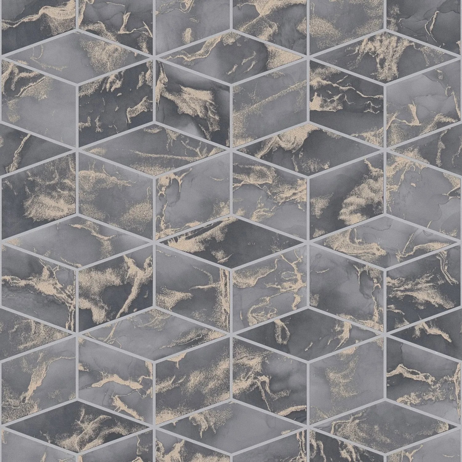 Grafik Tapete Geometrisch Grau Gold Schwarz, Vliestapete mit Würfelmuster für Wohnräume.