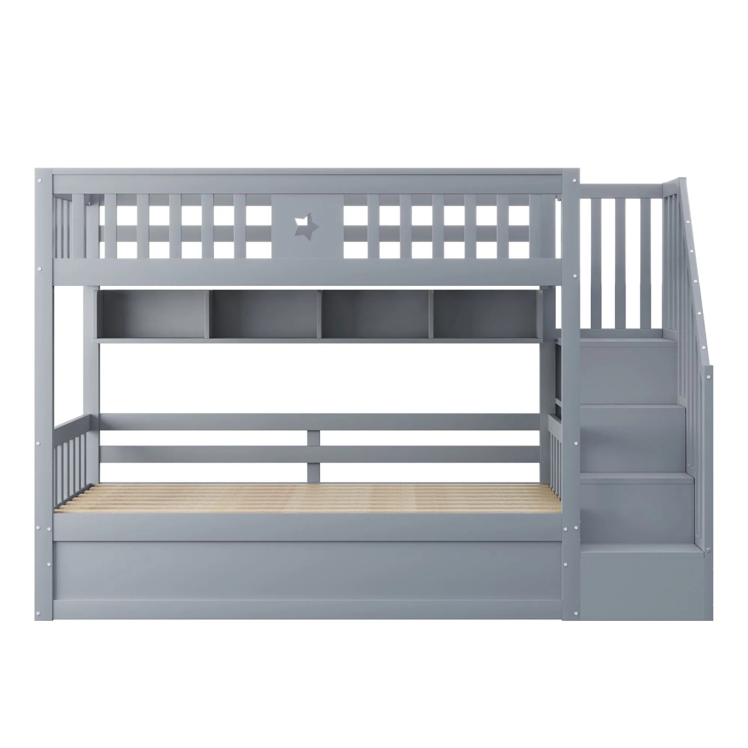 okwish Hochbett 90x200cm mit Stauraumtreppe Regalen Jugendzimmer Grau ohne Matratze