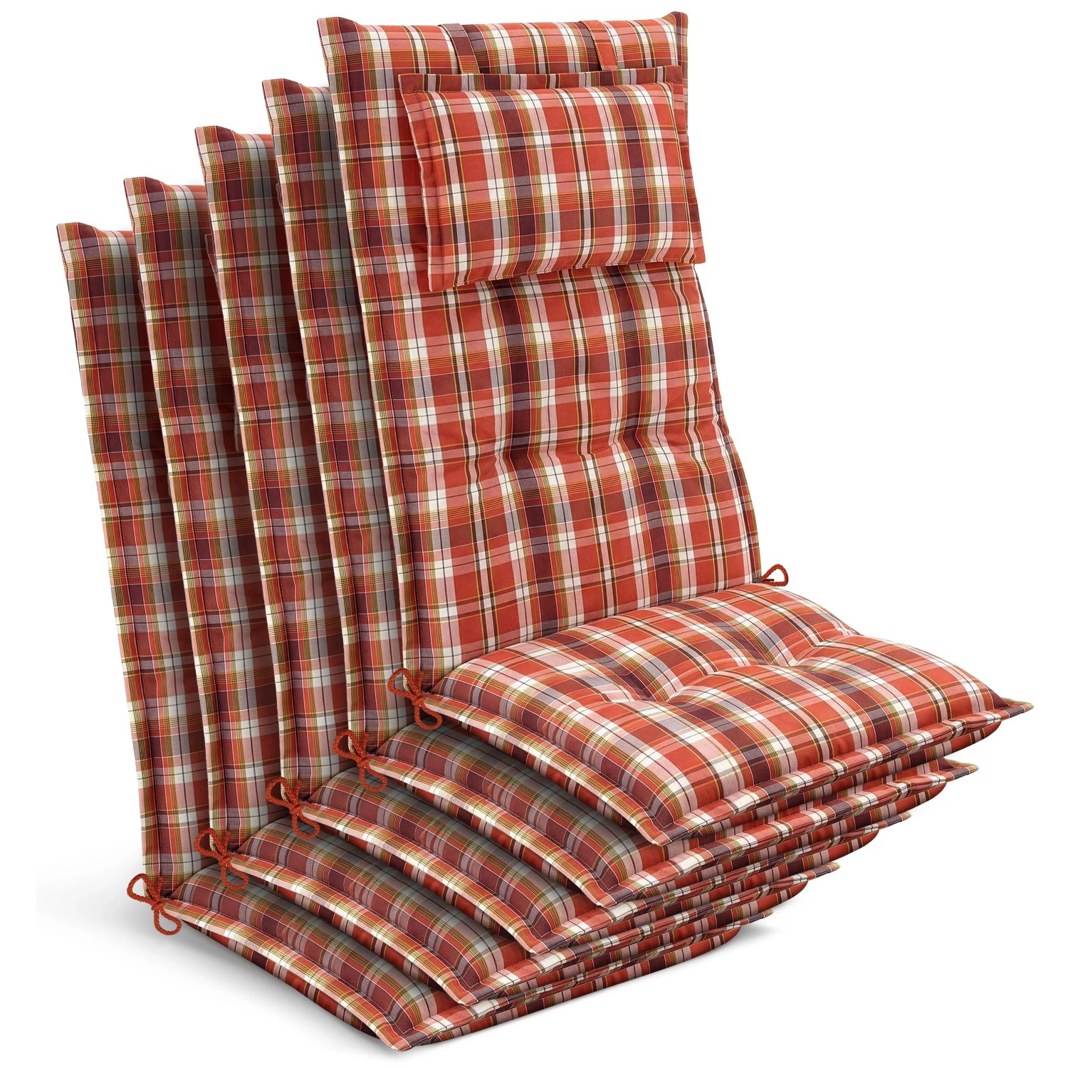 Beautissu 5x Gartenstuhlauflage Hochlehner 120x50x7cm Orange-Rot-Grün-Kariert