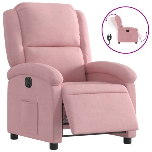 Elektrischer Relaxsessel, rosa Samt, mit verstellbarer Rückenlehne und Fußstütze. Loungesessel mit Seitentasche.