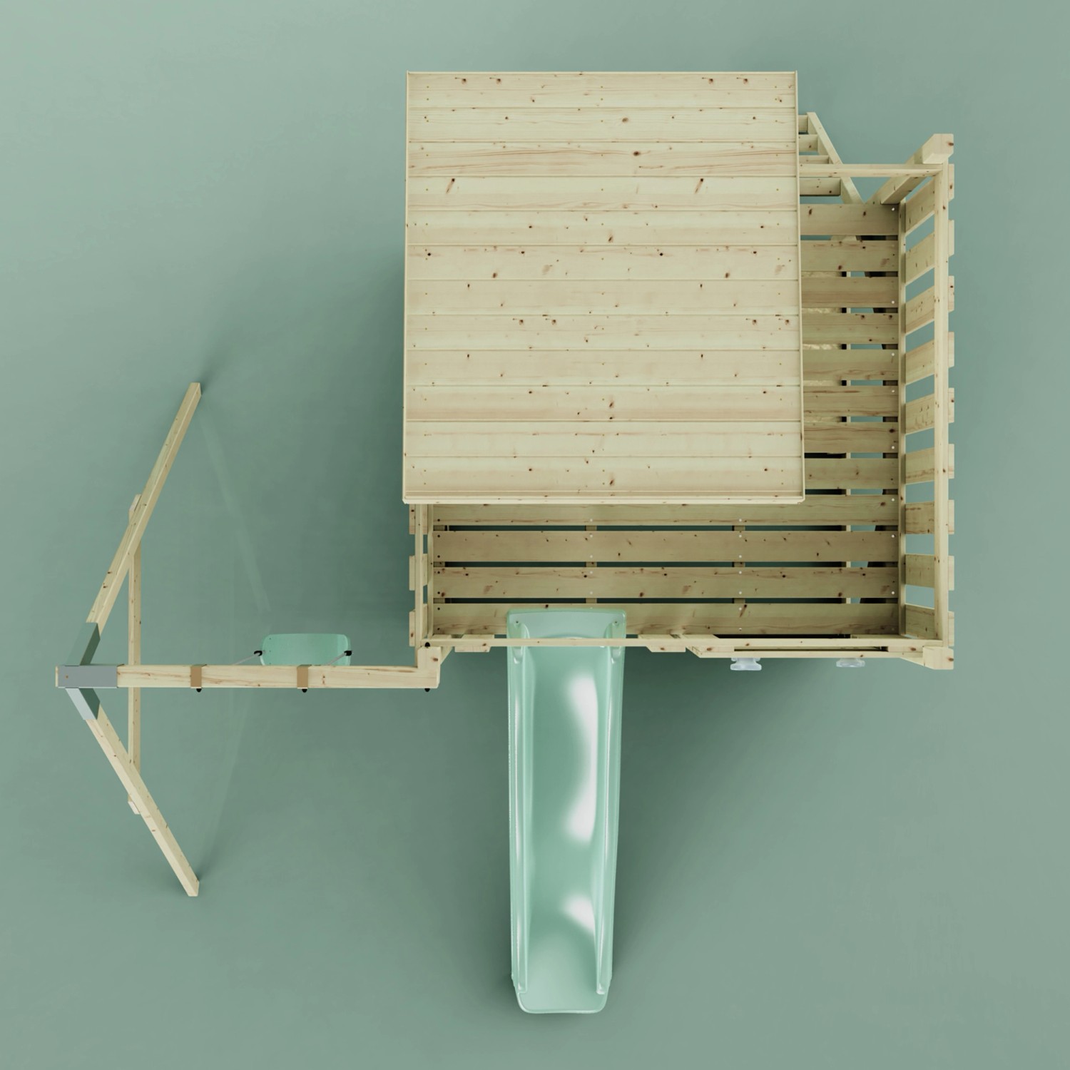 PolarPlay Spielturm Alma mit mintgrüner Rutsche und Schaukel, Ansicht von oben.