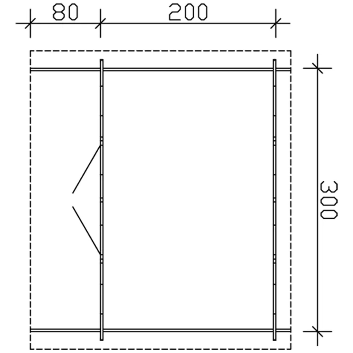 Grundriss Skan Holz Gartenhaus Faro 1 Natur, 300x200 cm, mit Maßen.