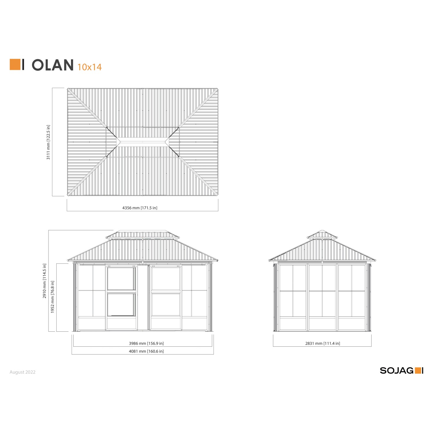 Sojag Pavillon Olan 1014 Schwarz, technische Zeichnung mit Maßen.