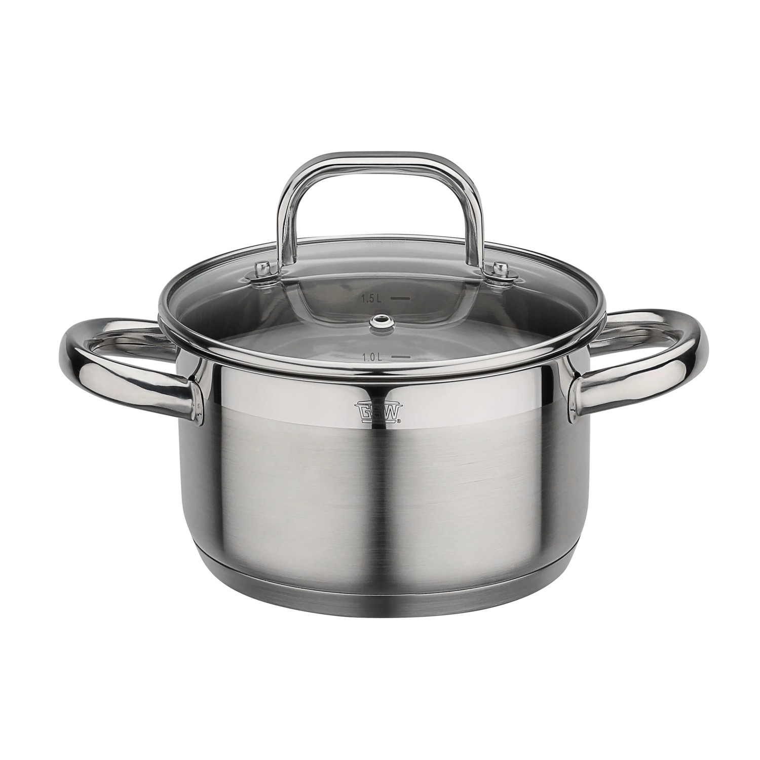 GSW Fleischtopf FOGO aus Edelstahl mit Glasdeckel 16cm. Kochtopf mit Literskala und Kaltmetallgriffen, induktionsgeeignet.