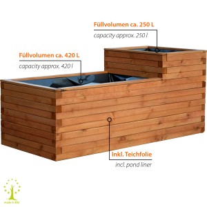 Dobar Hochteich Superb aus Kiefernholz mit Teichfolie, braun, 180x78x80cm, zwei Ebenen.