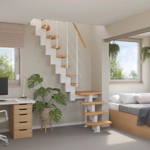 Intercon Raumspartreppe Quadro, 12 Stufen, Buche natur, Metall weiß, einseitiges Geländer.