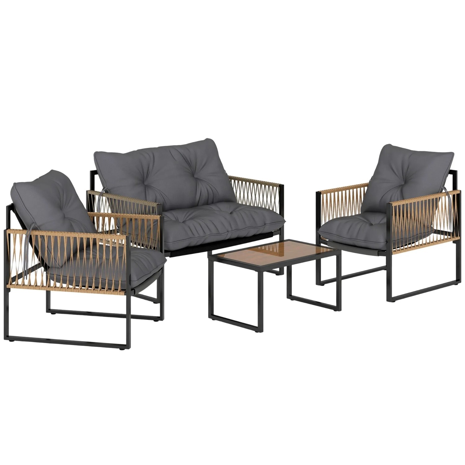 Furnicato Gartenmöbel-set 4-teilig Sofa 2 Stühle Tisch Mit Glasplatte Metallgestell Polyrattan Anthrazit