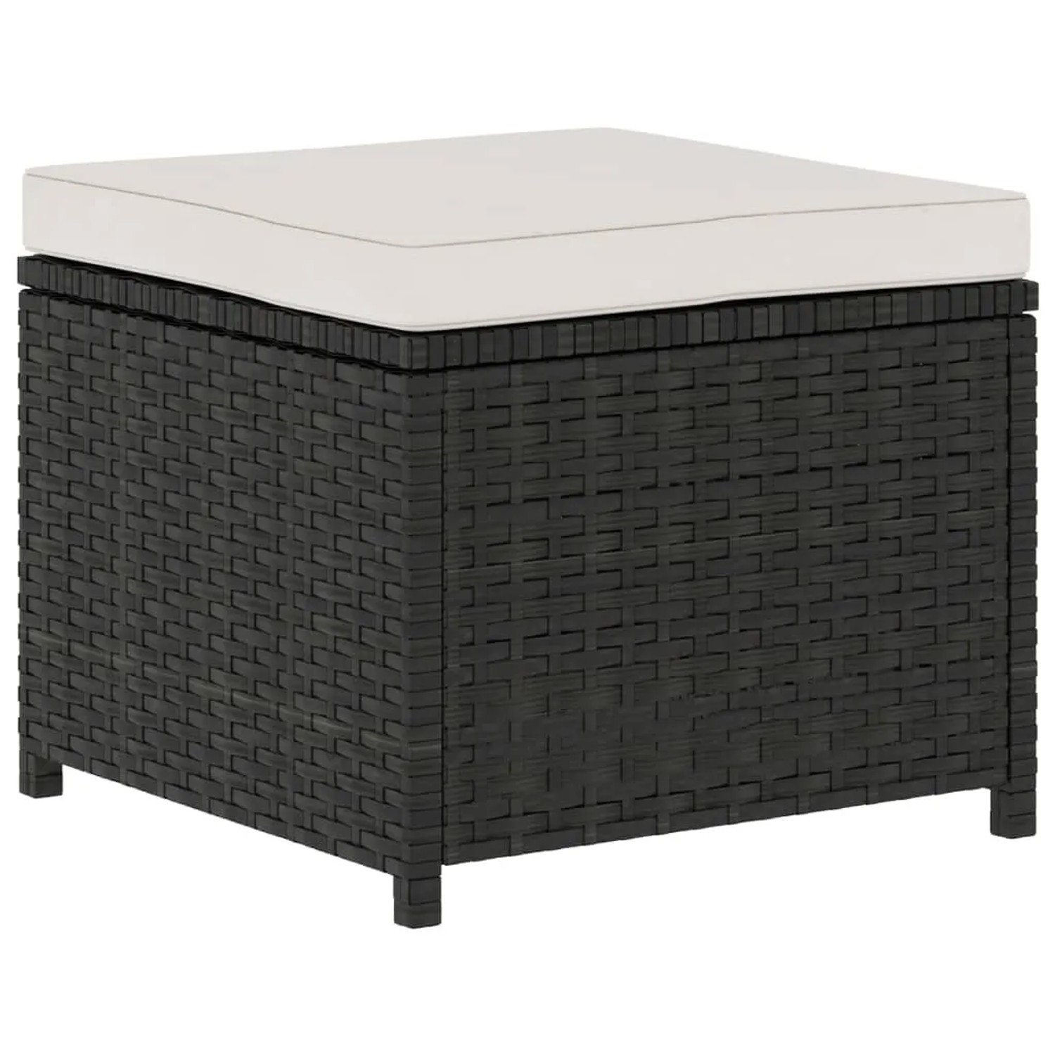 Hocker aus schwarzem Rattan mit cremefarbener Auflage, Teil des vidaXL Garten-Lounge-Sets.
