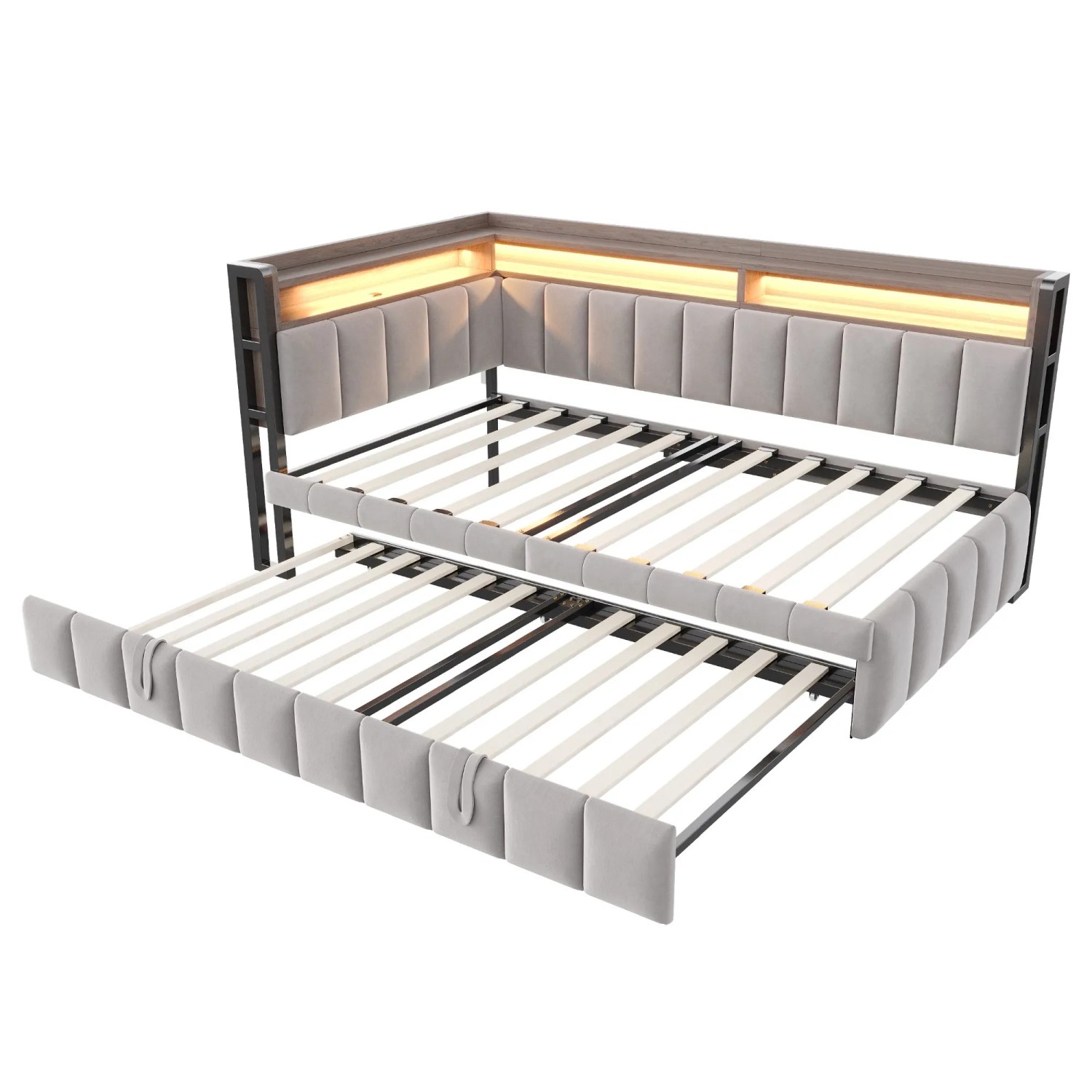 Merax Schlafsofa 90x200cm Ausziehbett LED USB Samt Hellgrau