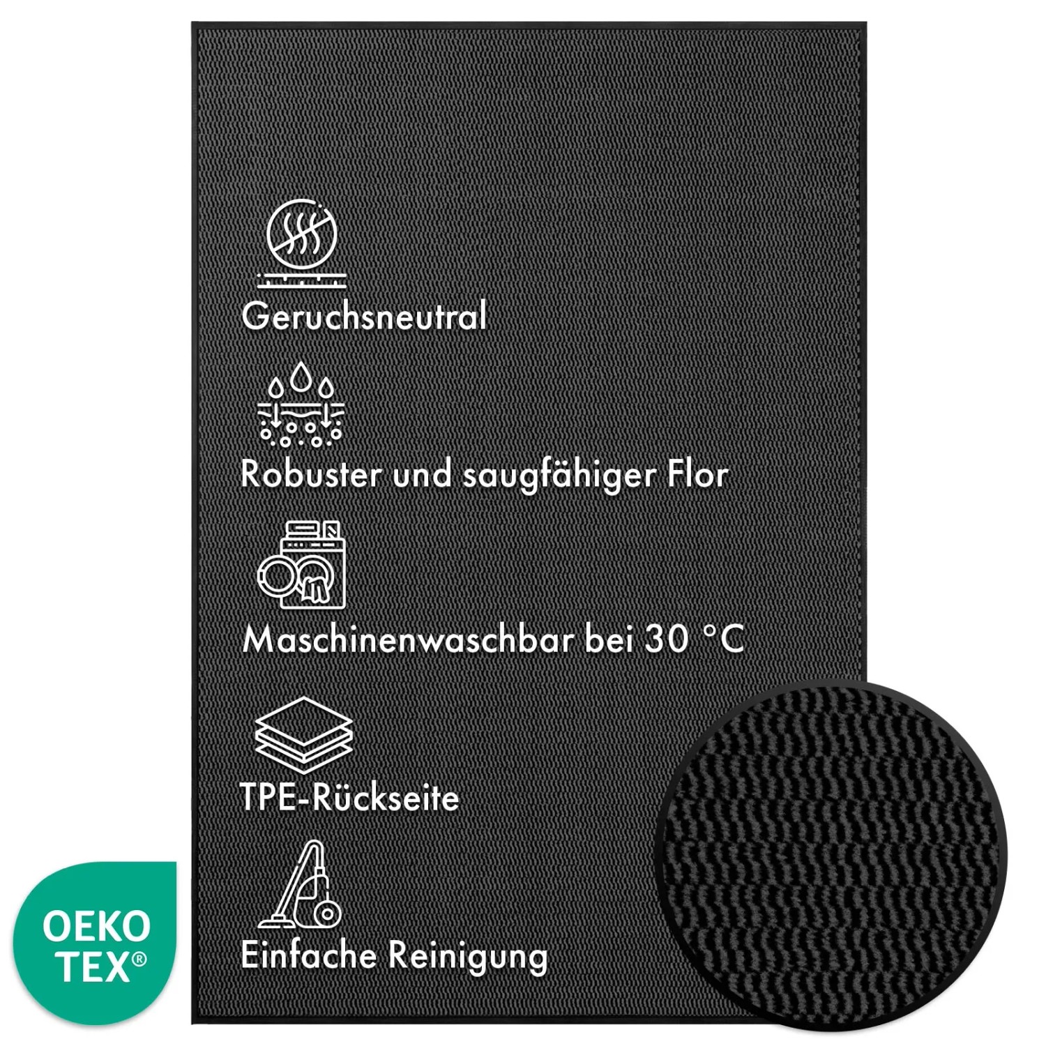 Anthrazitfarbene KARAT Schmutzfangmatte 90x120cm mit TPE-Rücken und Icons zu Eigenschaften.