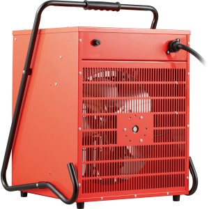 Roter Industrieheizlüfter Hot Air Estrup 15000 W mit Tragegriff und Schutzgitter.
