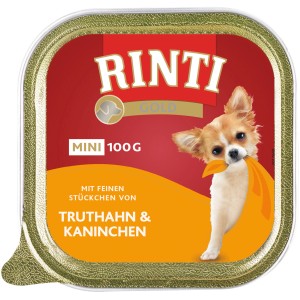Rinti Gold Mini Hunde-Nassfutter mit Truthahn und Kaninchen, 100g Schale.