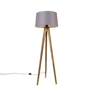 QAZQA Stehlampe mit Holzstativ und grauem Leinenschirm, 136cm hoch.