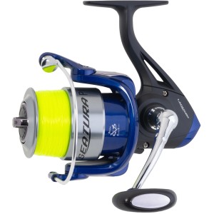 Westline Seatura 6000 Meeresrolle zum Pilken, blau-silber mit gelber Schnur.