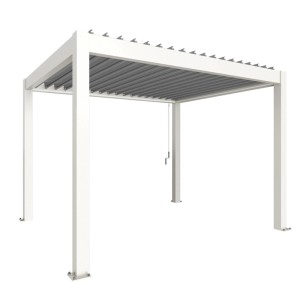 Biohort Pergola 3,5x3m in Weiß-Silber: Moderne Terrassenüberdachung mit verstellbaren Lamellen.