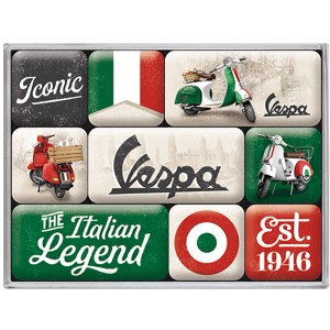 Nostalgic-Art Magnet-Set "Vespa Italian Legend", 9 bunte Kühlschrankmagnete mit Vespa-Motiven.