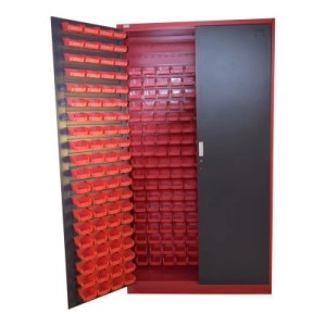Jet-Line Kleinteileschrank Moldau, anthrazit-rot, 120cm breit, mit 340 Stapelboxen.
