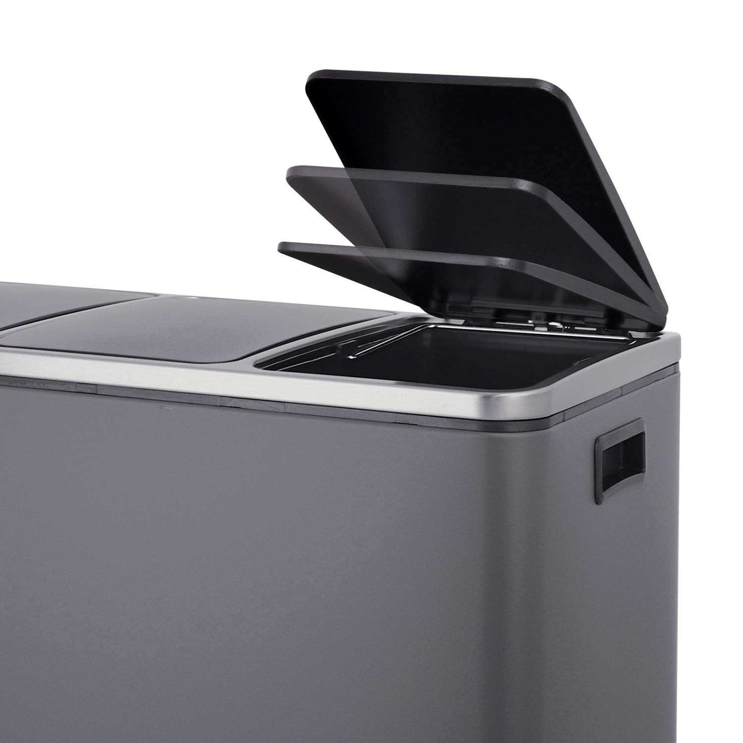 Grauer Svita Mülleimer TM3X18 mit drei Fächern (je 18L) zur Mülltrennung, Deckel geöffnet.