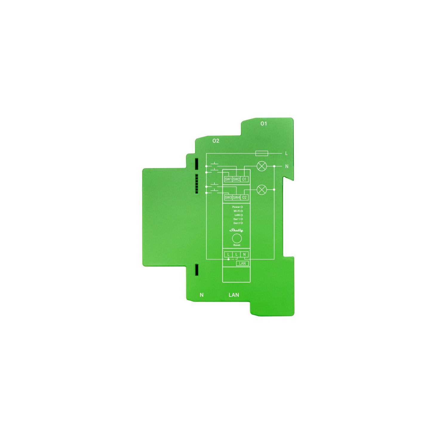 Grüner Shelly Zweikanal-Dimmer Pro 2PM für Hausautomation, Aufputzgerät mit Schaltplan.