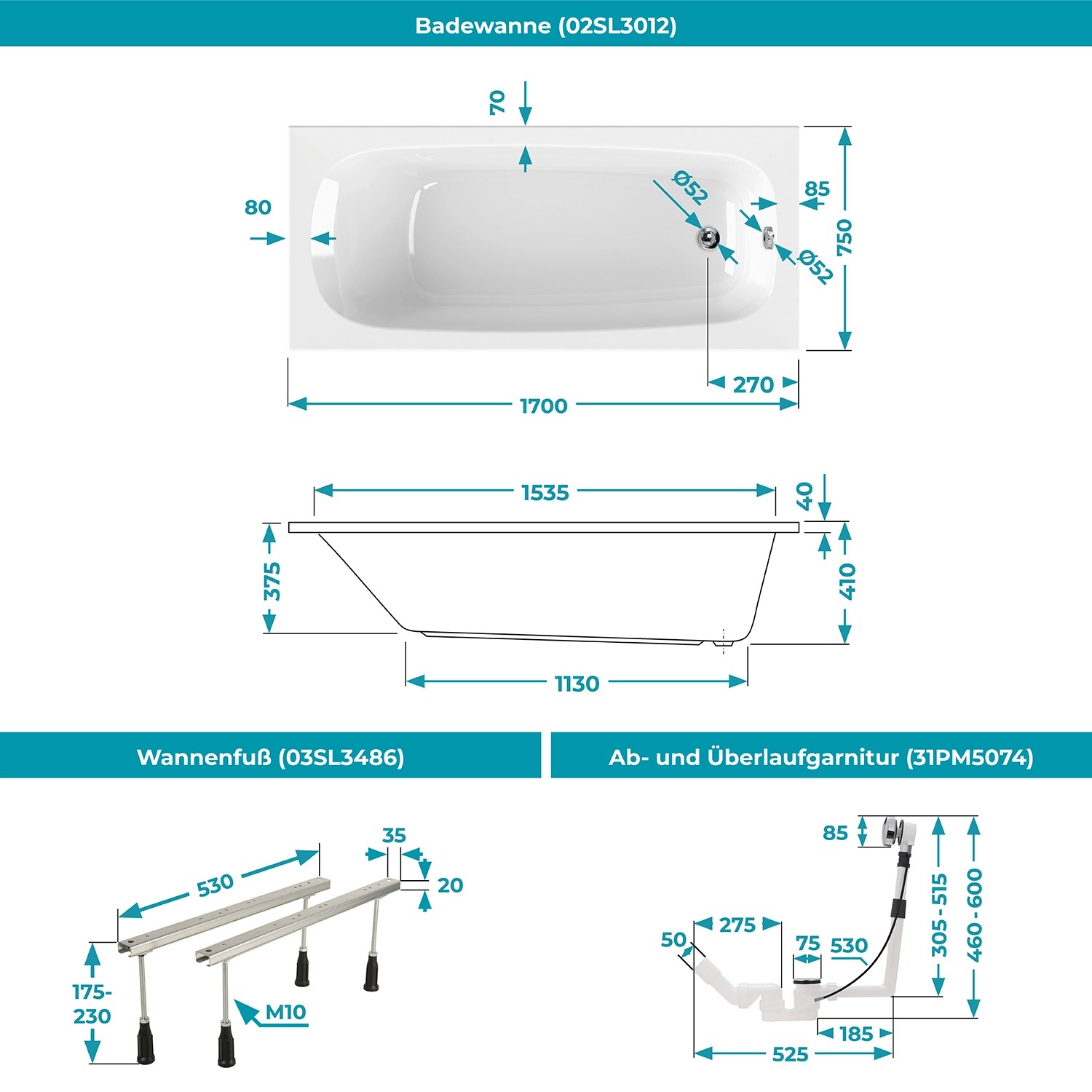 Calmwaters Badewannen-Set 170x75 cm: Maßskizze mit Wannenfuß und Ablaufgarnitur.