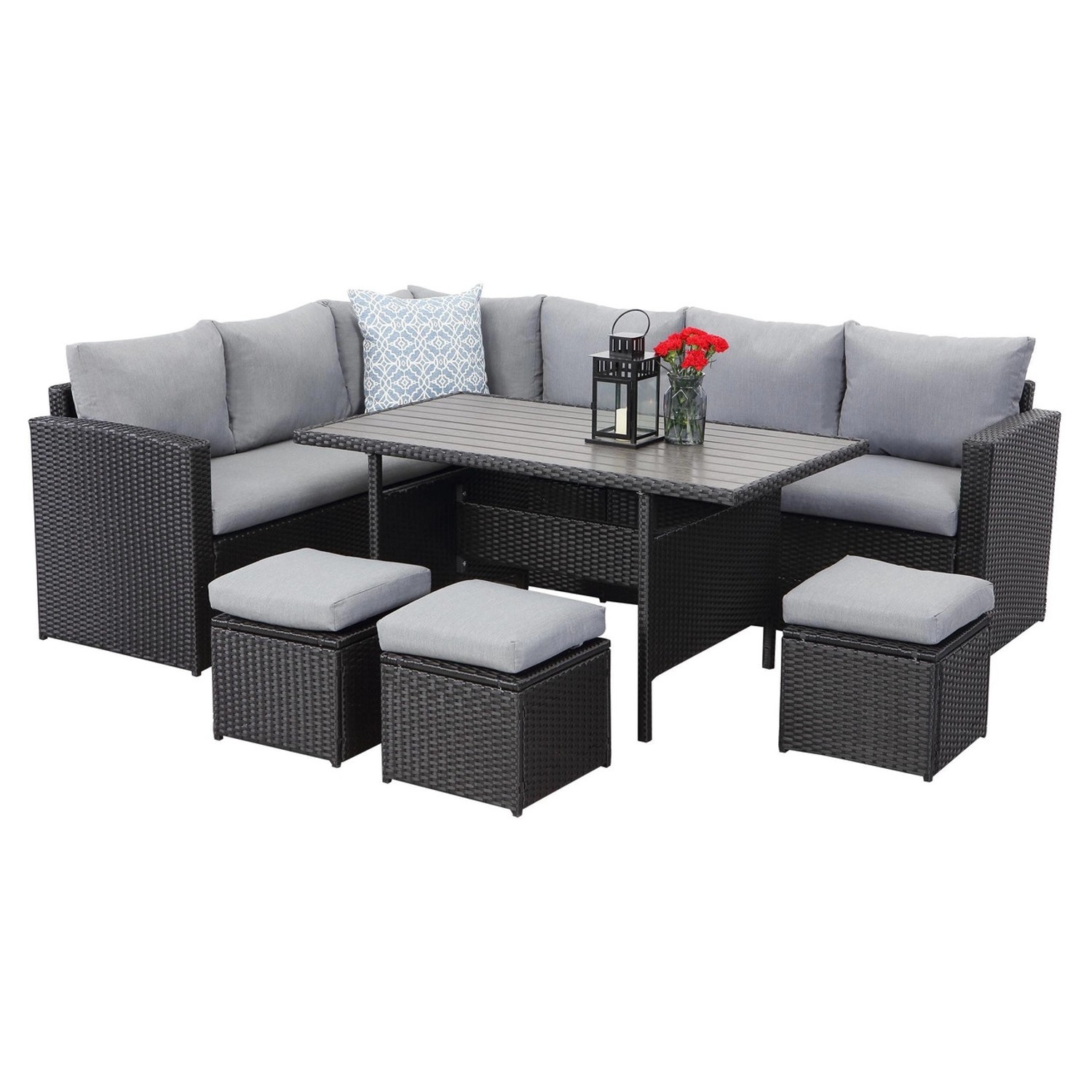 MeXo XXL Gartenlounge Set aus Polyrattan mit Esstisch für 8 Personen Schwarz
