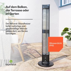 Blumfeldt BlazeTower Standheizer, 3000W, schwarz, für Terrasse & Garten. Wetterfest IP45.