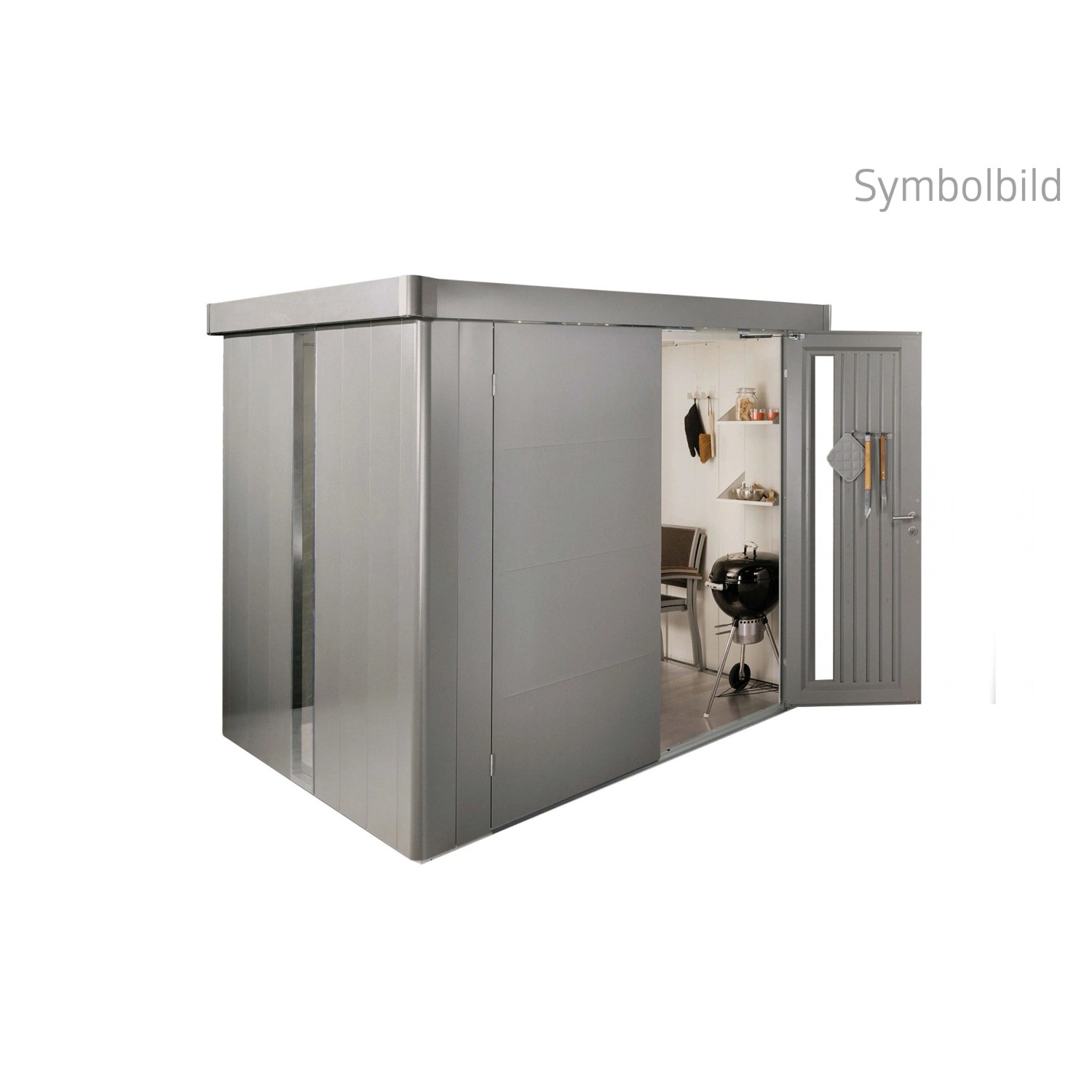 Biohort Gerätehaus Neo 2B Quarzgrau-Metallic mit offener Standardtür, zeigt Innenraum mit Grill und Regalen.