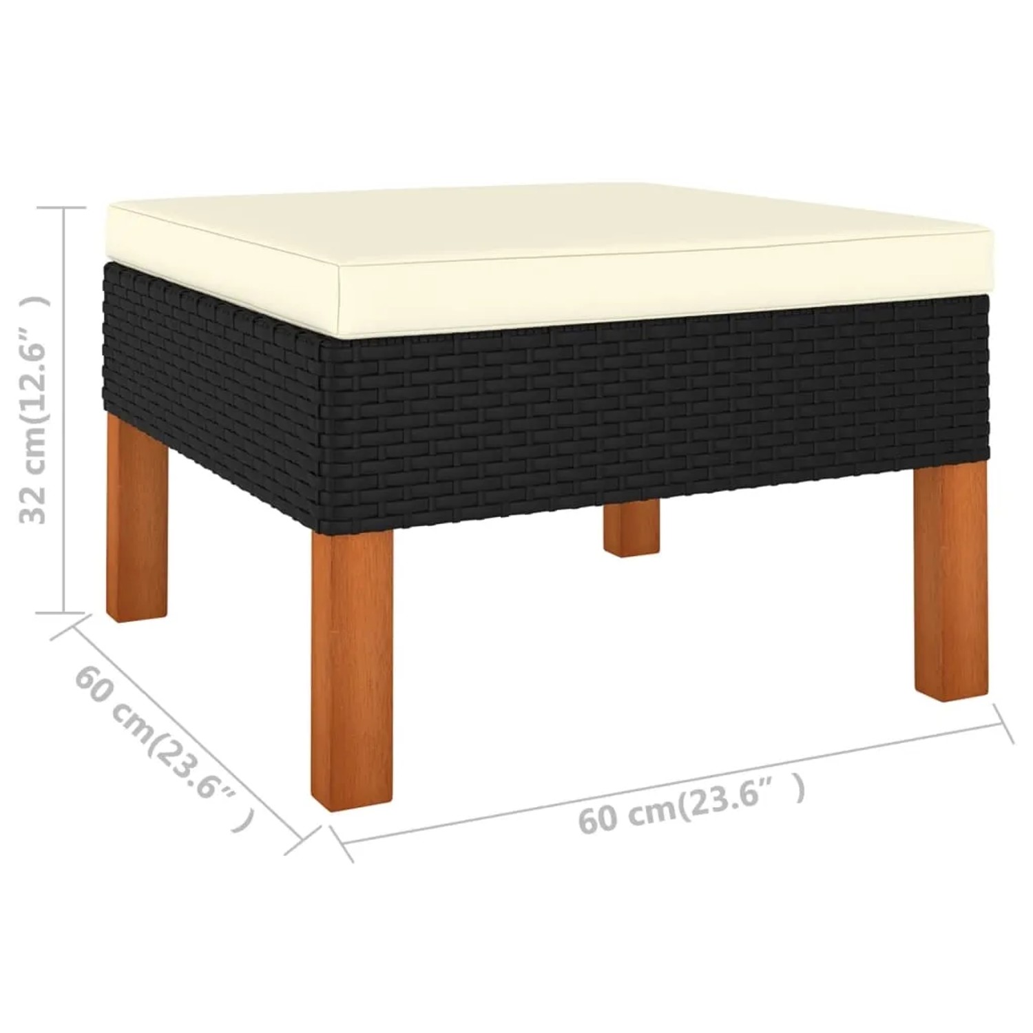 vidaXL Fußhocker, Teil des 12-tlg. Garten Lounge Sets, Poly Rattan schwarz, mit creme-weißem Kissen und Holzfüßen.