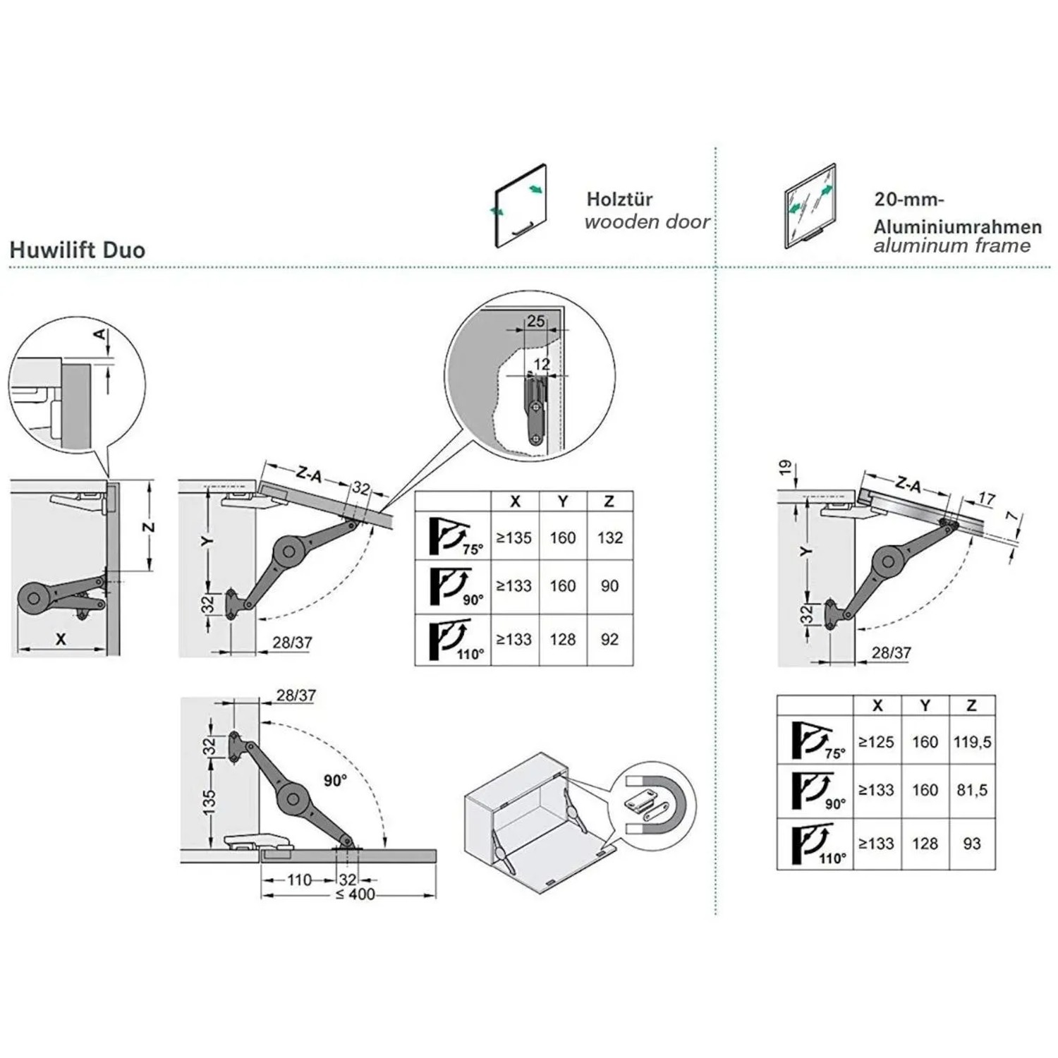 Technische Zeichnung Kesseböhmer DUO Klappenstütze, vernickelt, mit Maßen und Montagehinweisen.