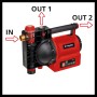 Einhell GE-GP 1145 ECO Gartenpumpe, rote Elektro-Pumpe mit Wasserfüllanzeige und zwei Druckanschlüssen.