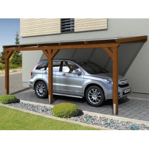 Skan Holz Carport Vogtland, 300x541 cm, Nussbaum, mit Auto. Einzelcarport aus Holz mit Doppelstegplatten.