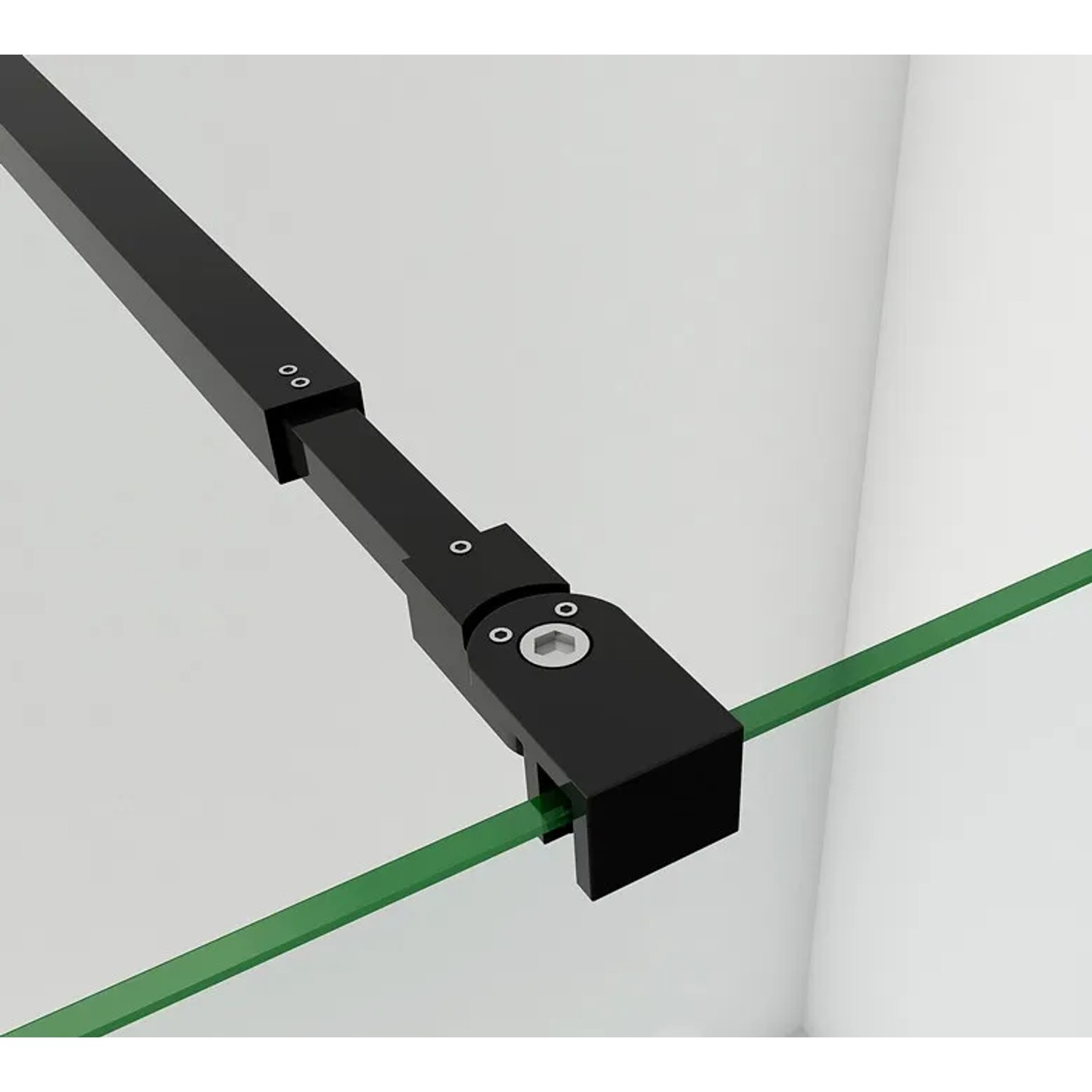 Detailaufnahme: Schwarzes Wandprofil mit Stabilisierungsstange für Duschkabine, Glasstärke 6-10mm.