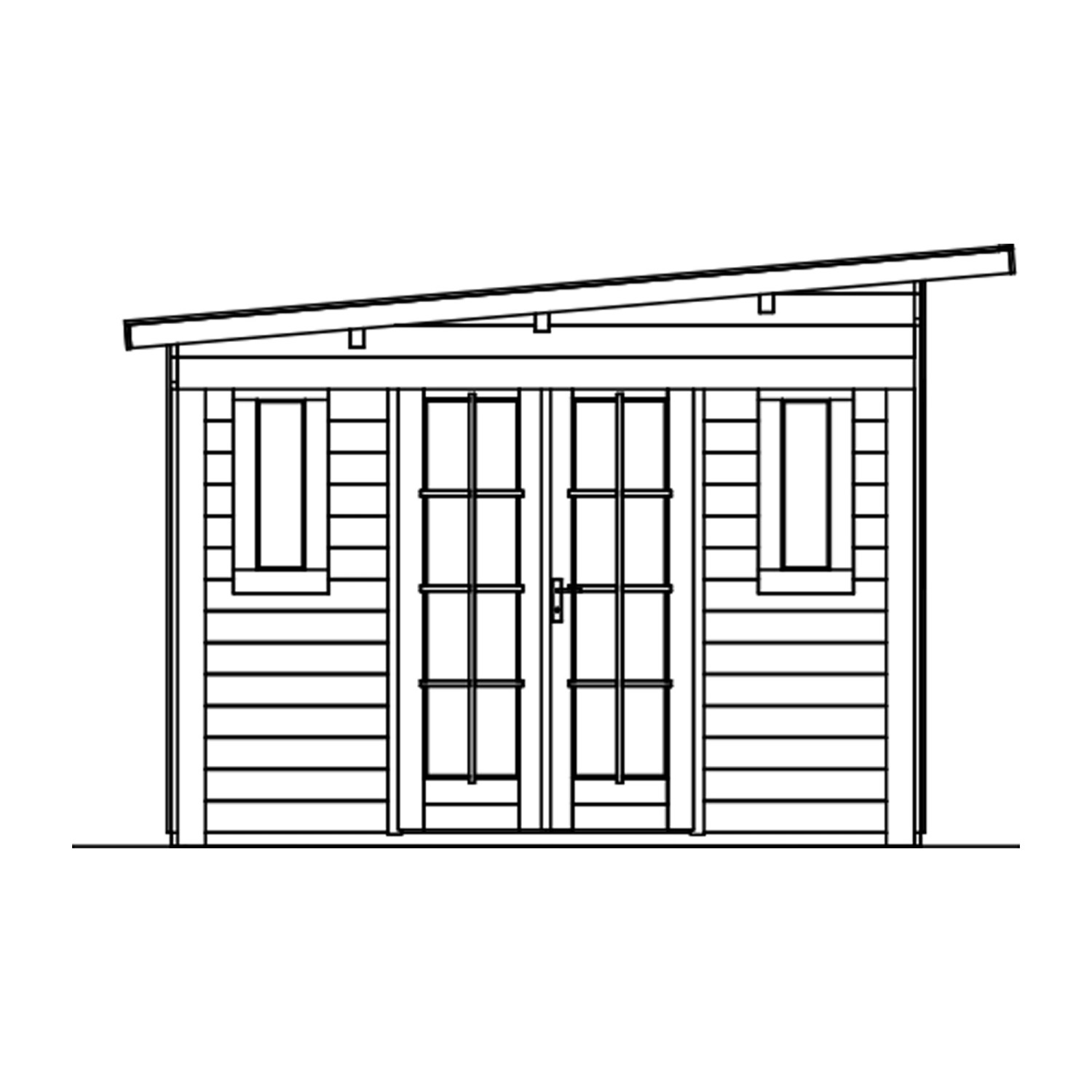 Schiefergraues Skan Holz Gartenhaus Dilbeek mit Doppeltür und Fenster.