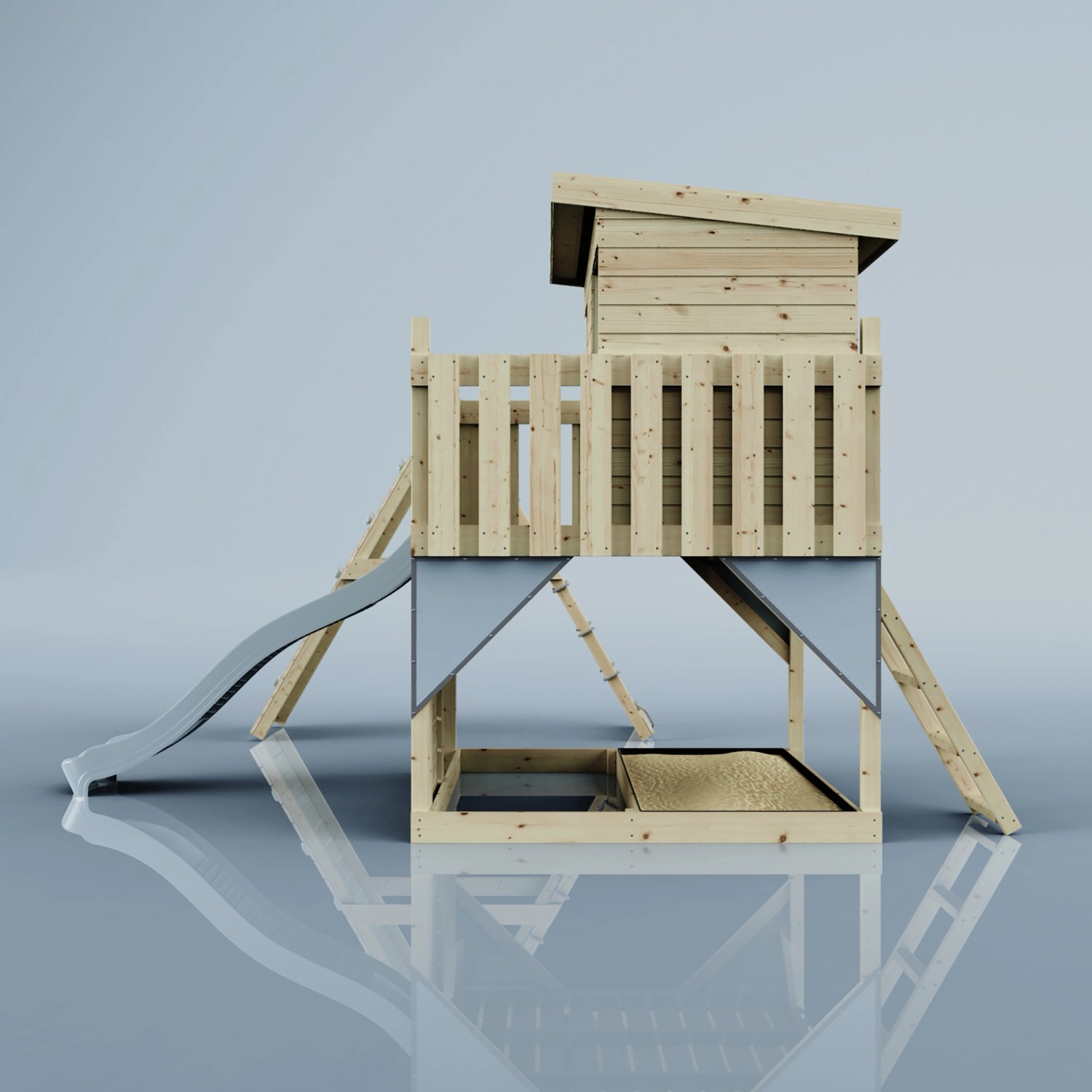 PolarPlay Spielturm Emil mit Rutsche und Leiter. Holz natur, Eisblau Akzente.