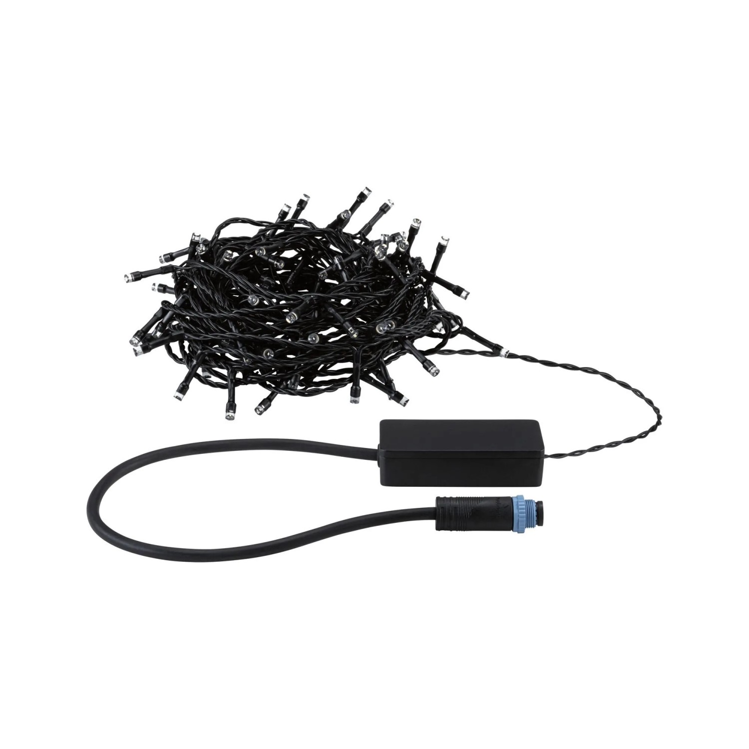Aufgerollte Paulmann LED-Lichterkette Yuna Plug & Shine, 10 m, warmweiß, schwarz, für Außenbereiche.