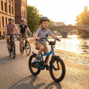 Blaues 16 Zoll Kinderfahrrad von PROMETHEUS BIKES mit Stützrädern für Kinder ab 4 Jahren.