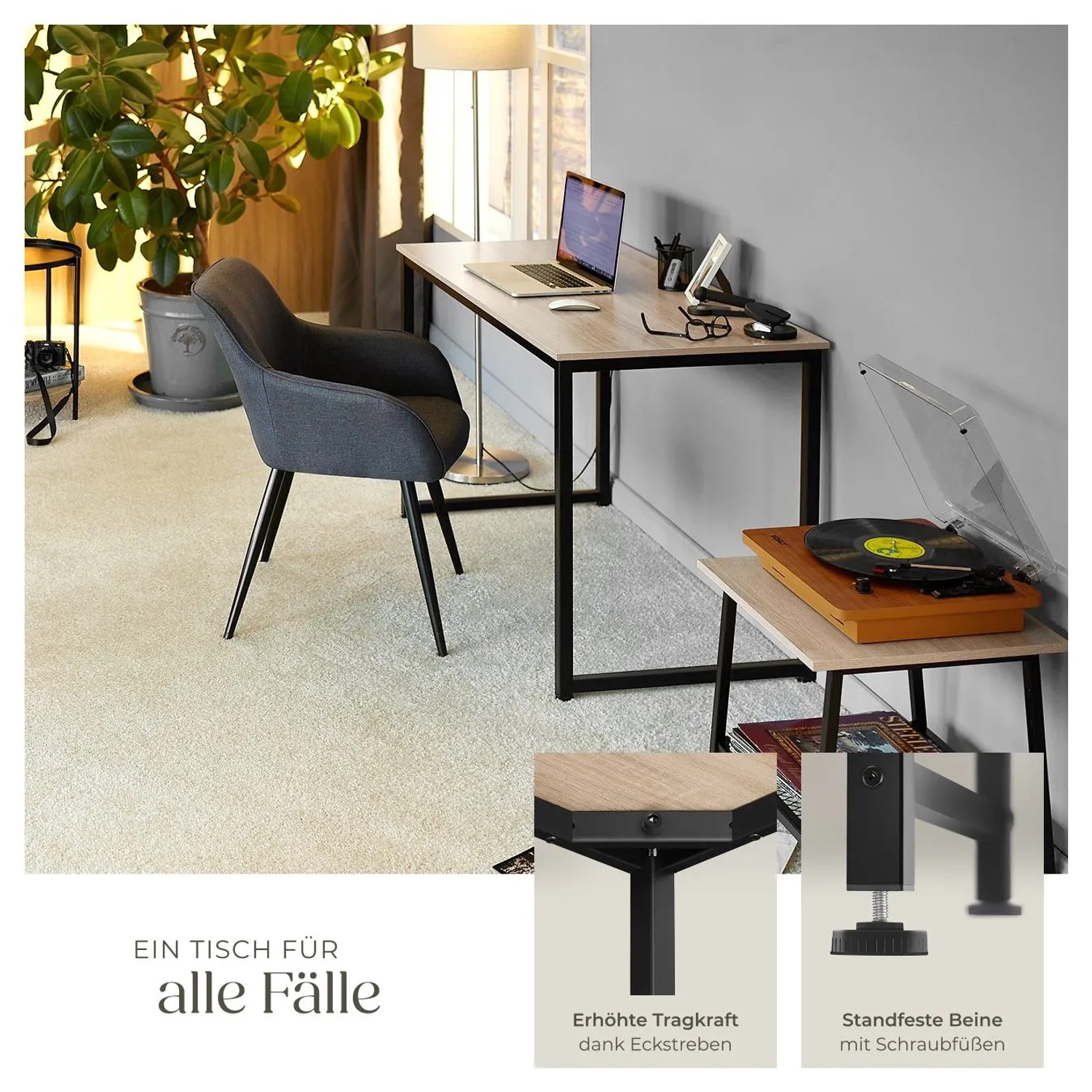 Tectake Schreibtisch Flint im Industrial Style mit Holzplatte in Eiche Sonoma und schwarzem Stahlgestell.