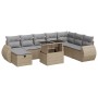 Beige 9-tlg. Garten-Sofagarnitur aus Polyrattan mit Kissen und Tisch mit Glasplatte.