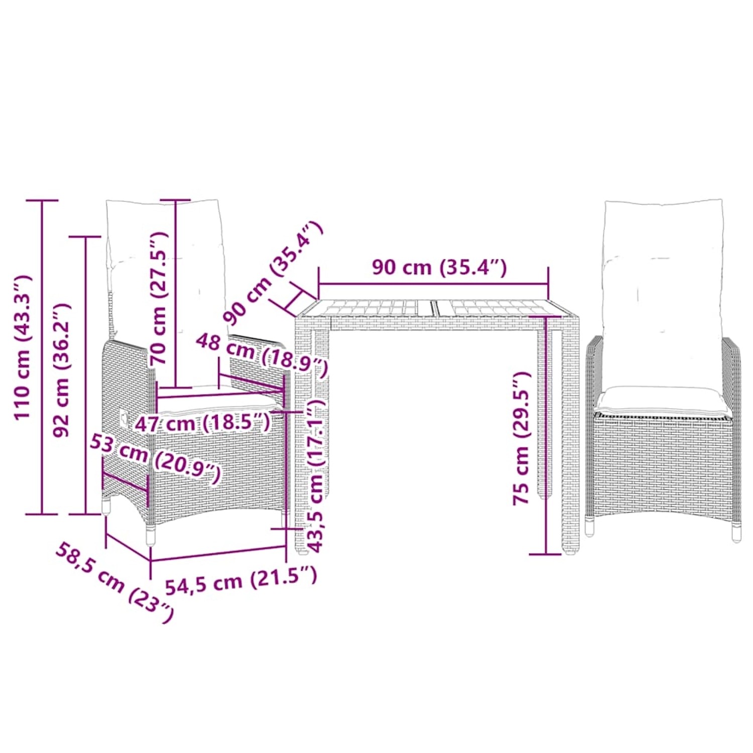 vidaXL 3-tlg. Garten-Bistro-Set mit beigen Polyrattan-Möbeln und Kissen, Maße eingezeichnet.