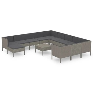 Graues 13-tlg. vidaXL Garten-Lounge-Set aus Polyrattan mit anthrazitfarbenen Auflagen.
