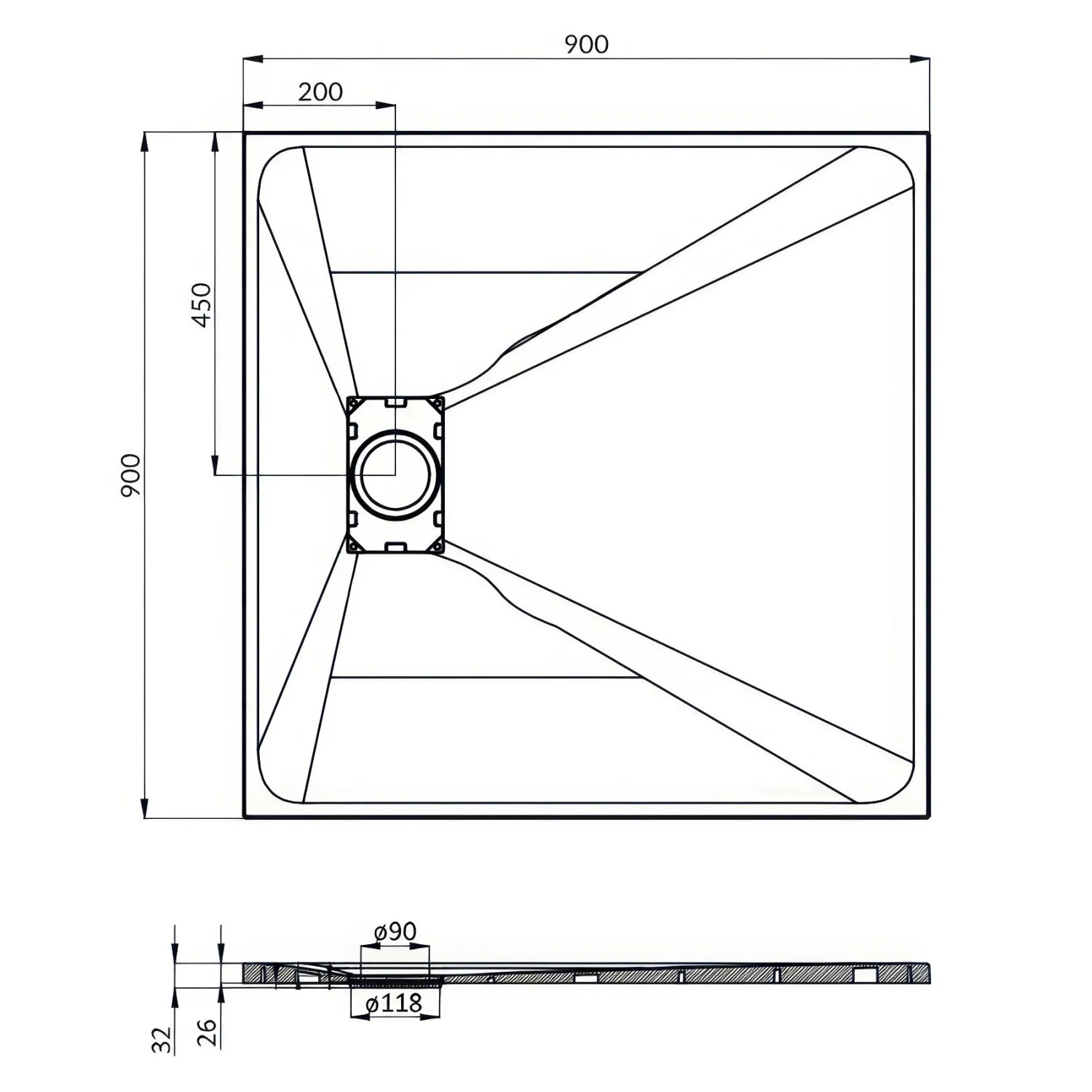 Technische Zeichnung der quadratischen Bad Land Duschwanne VIDAR 90x90x3,2 cm mit Maßen und Ablauf.