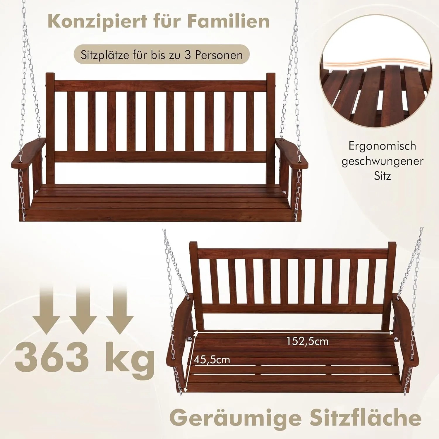 Braune Massivholz Hängebank für 3 Personen mit geschwungenem Sitz und Kettenaufhängung. Ideal für Garten & Veranda.