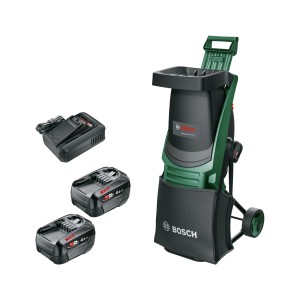 Bosch Akku-Häcksler UniversalShredder mit Akkus und Ladegerät. Elektrohäcksler in Grün und Schwarz.