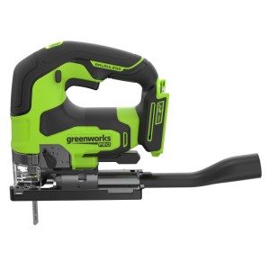Grüne Greenworks Akku-Stichsäge Pro mit schwarzem Griff, Sägeblatt und Staubabsaugung. Kabelloses 24V Elektrowerkzeug.